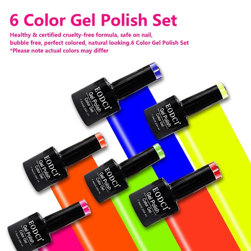 eodci Neon Gel Nail Polish Set, Summer Bright 6 Colors Hot Pink Green Navy Blue Red Orange Yellow Nail Gel Kit Soak Off Nail Art Design Manicure DIY at Home Salon Gifts for Women