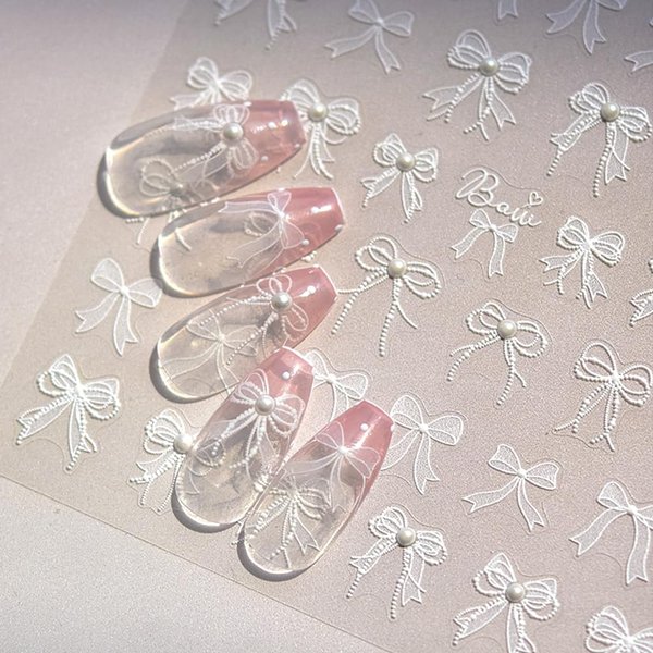 5D Embossed White Lace Bowknot Nail Art Stickers Pearl Bow Nail Stickers for Nail Art Supplies Retro Relief Bow Nail Decals Self-sdhsive Bow Stickers for Nails Ribbon Bows Nail Accessories for Women