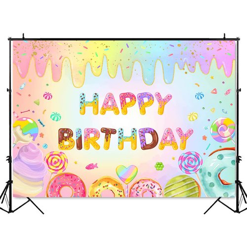 Mocsicka Donut Happy Birthday Backdrop for Girls Sweet Candy Birthday Party Decorations Background Cake Table Banner Donut Ice Cream Birthday Photography Background (7x5ft (82x60 inch))