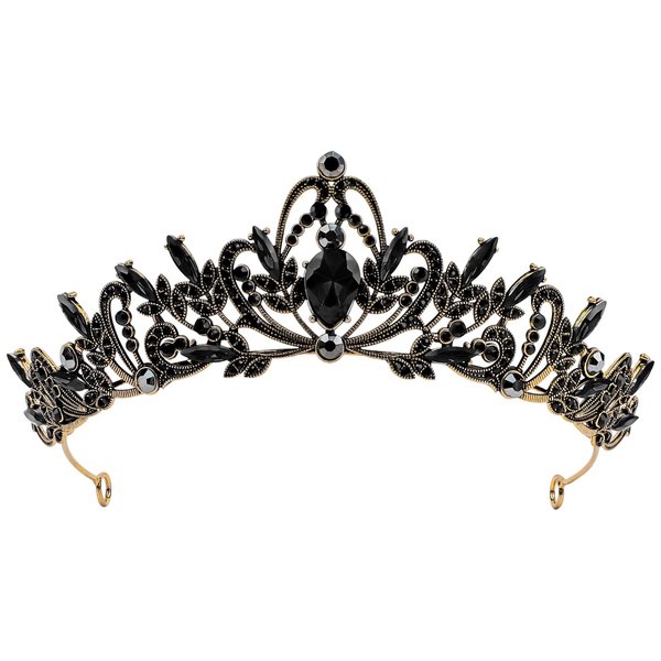 CAVETEE Black Crown for Women，Crystal Black Tiara and Crown，Halloween Queen Black Gothic Crowns for Wedding Pageant Prom Dark Cosplay Headpiece