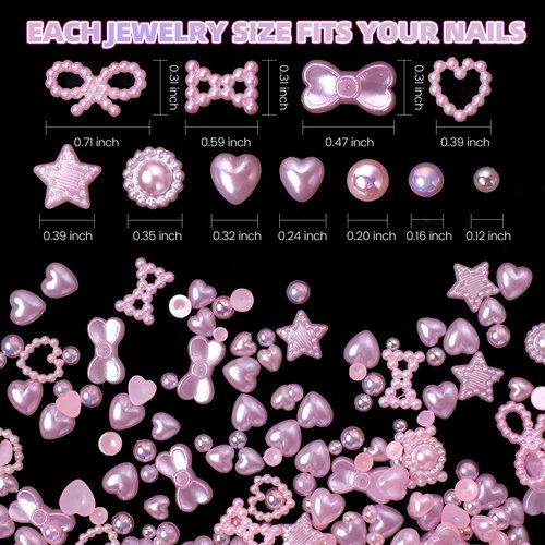 500Pcs Pink Pearls Heart Nail Charms Mixed Styles Flatback Heart Bowknots Star Cute Assorted Pink Pearls Heart Beads 3D Nail Art Charms Material Embellishments for Nail Art DIY Crafts Accessories