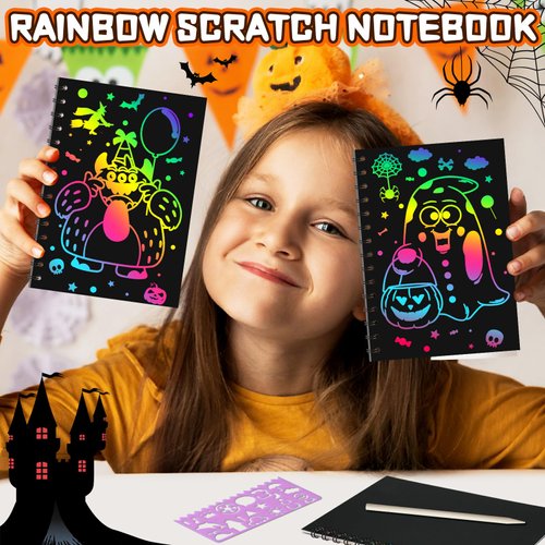 Halloween Scratch Art Party Favors: 16 Pack Rainbow Scratch Notebook Paper Party Favors for Kids Halloween Goodie Bags Stuffers Girls Boys Art Craft Birthday Gifts for Students Classroom Crafts