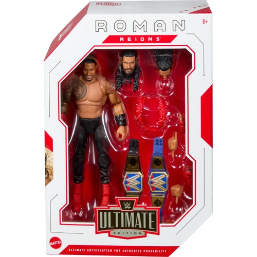 Mattel WWE Ultimate Edition Action Figure & Accessories Set, Roman Reigns 6-inch Collectible with 30 Articulation Points, Swappable Pieces & Entrance Gear