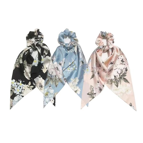Bow Hair Scrunchies-Ribbon Flower Elastic Hair Ties for Women Bunny Ear Ponytail Holders Hair Accessories 3 Pcs