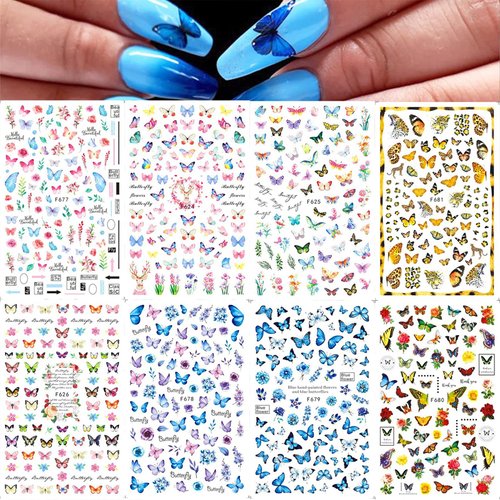 8 Sheets Butterfly Nail Art Stickers Decals, 3D Self-Adhesive Spring Summer Floral Flower Nail Decals Nails Supplies Butterfly Stickers for DIY Colorful Butterflies Nails Manicure Decor