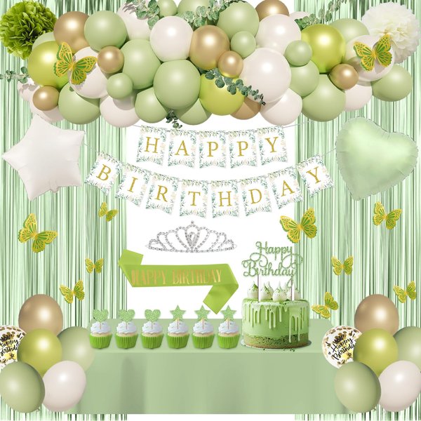 Sage Green Birthday Decorations Supplies White Gold Sage Green Party Decorations Girls Boys with Sage Green Balloons Banner Fringe Curtain Crown Cake Topper Sage Green Birthday Supplies