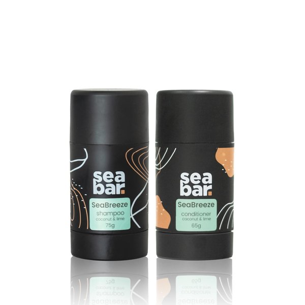 SeaBar Shampoo & Conditioner Bar Set - All Natural Hair Shampoo - Vegan, Sulfate-Free, Eco Friendly Zero Waste Reusable Packaging with Travel Containers, SeaBreeze