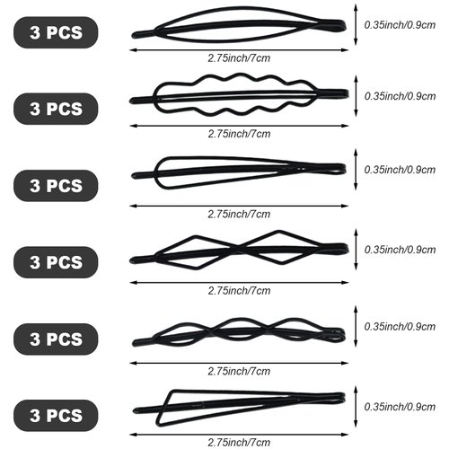 Naturahand 18 PCS Geometric Metal Hair Clips, 2.7 Inch Minimalist Hair Pins for Women and Girls, Wave Hair Barrettes for Hair Decorative Wedding Dainty Styling Accessories (Black, 6 Style)