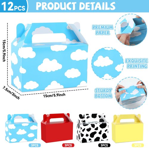 12Pcs Cartoon Story Birthday Party Favor Boxes for Toy Inspired Game Story Party Decorations Cow Print Sky Blue Cloud Treat Boxes Toy Party Goodies Boxes for Kids Birthday Baby Shower Party Supplies