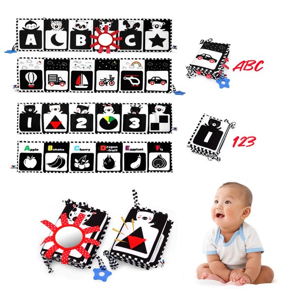Yohome Baby Cloth Books, 2pcs Black and White High-Contrast Soft Cloth Book Infant Sensory Tummy Time Toys for Babies, Double Sided & Folding Baby Book, Newborn Sensory Toys for 0-6 Months