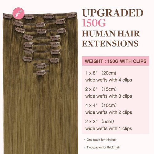 GOO GOO Clip in Hair Extensions Real Human Hair, 16inch 150g 9Pcs, 6B Medium Brown, Remy Human Hair Extensions Clip ins for Women, Natural Human Hair