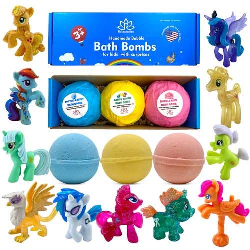 Bath Bombs for Girls for Christmas- 3 Natural Handmade Bath Bombs for Kids with Pony Toys Inside - Cool Surprises for Girls, Boys, Teens - Handmade in USA