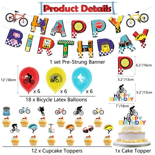 Bike Themed Birthday Party Decorations, Include Happy Birthday Banner, Cake Toppers, Balloons, Bicycle Theme Party Supplies for Kid's Birthday Bicycle Fans Sports Theme Party