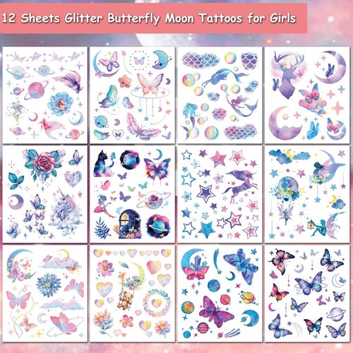 Hohamn Glitter Tattoos for Girls Women, 12 Sheets Glitter Butterfly Moon Flowers Mermaid Temporary Tattoos for Girls Birthday Party Supplies Gifts Decoration