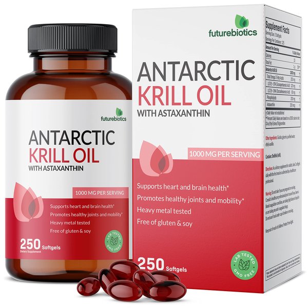 Futurebiotics Antarctic Krill Oil 1000mg with Omega-3s EPA, DHA, Astaxanthin and Phospholipids - 100% Pure Premium Krill Oil Heavy Metal Tested, Non GMO – 250 Softgels (125 Servings)