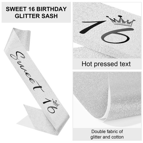 Semato Birthday Crown and Sweet 16 Sash Glitter Kit for Girls - Silver Metal Costume Circlet, Gold Shiny Cloth Sash with Pearl Pin - 16th Birthday Party Supplies and Favors