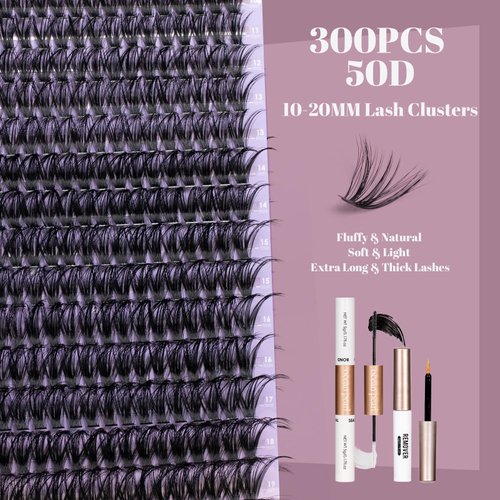 Ocean Pearl Lash Clusters 10-20mm 50D 300PCS Eyelash Extension Kit DIY Lash Extension Kit Natural Lashes Clusters Fluffy Individual Lashes Wispy Eyelashes with Lash Bond+Seal+Remover+Tweezer-50D
