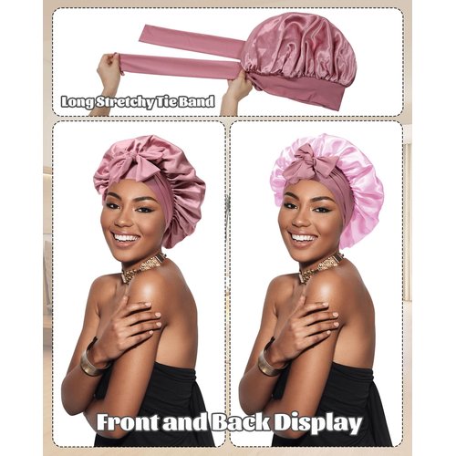 Satin Bonnet Silk Bonnet for Sleeping Silk Sleep Cap Double Layer Hair Bonnet with Elastic Tie Band for Curly Hair Night Cap (Bean Paste + Pink)