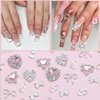 RODAKY 32PCS Bow Nail Charms 3D Silver Heart Shape Nail Art Charm with Pink Rhinestone Valentine's Day Y2K Nail Gems Shiny Nail Jewelry Acrylic Accessories for Women Nail Decorations