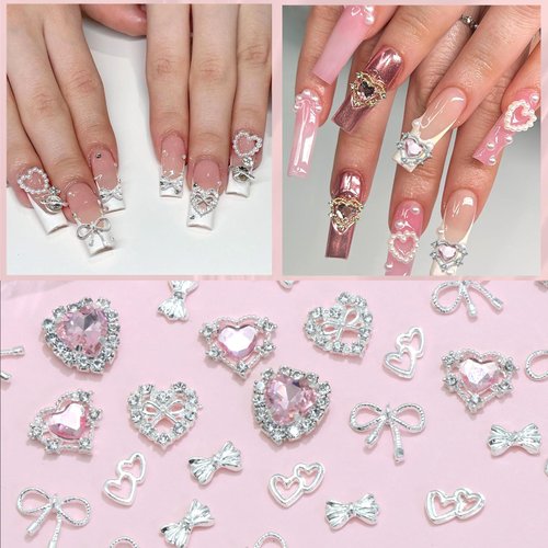 RODAKY 32PCS Bow Nail Charms 3D Silver Heart Shape Nail Art Charm with Pink Rhinestone Valentine's Day Y2K Nail Gems Shiny Nail Jewelry Acrylic Accessories for Women Nail Decorations