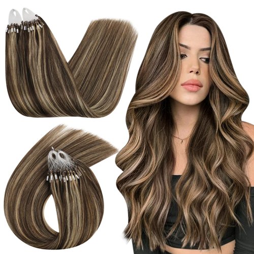 Ugeat Microlink Extensions Real Human Hair Microbead Hair Extensions Natural Micro Ring Human Hair Extensions Dark Brown Highlights Caramel Brown Hair Extensions for Women 50s 18 Inch