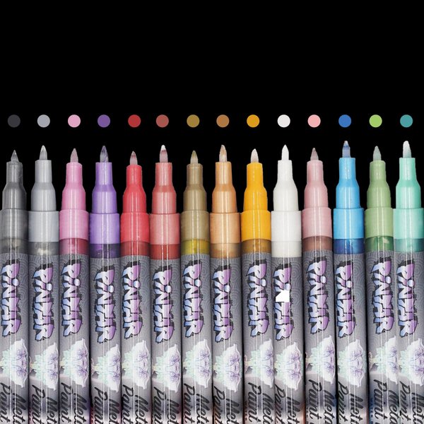 PINTAR | 14 PACK | Metallic Acrylic Paint Markers Extra Fine Point | Leather, Shoes, Rock Painting, Wood, Glass | Metallic Paint Pens | Pack of 14, 0.7mm