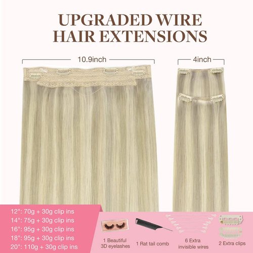 GOO GOO Wire Hair Extensions Human Hair, 17A/60A Ash Blonde mix Platinum Blonde Highlighted 20inch 140g, Invisible Wire Hair Extensions with Transparent, Seamless Fish Line Hairpiece
