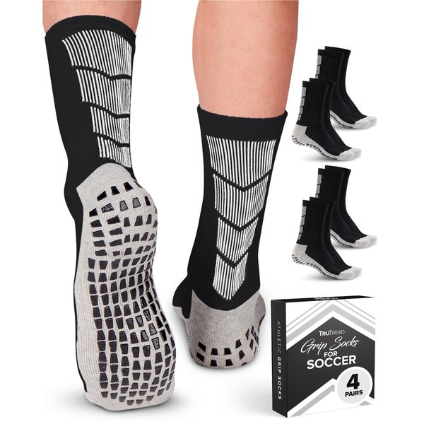 TruTread Non Slip Soccer Socks Mens | 4 Pairs | Non Skid Grip | Football Basketball Sport