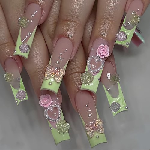 BABALAL Long Press on Nails Square Fake Nails 3D Flower Charm Design Green French Glue ons Nails Bow Heart Jeweled Acrylic Nails 24Pcs Squoval Handmade Manicure Full Cover False Nails