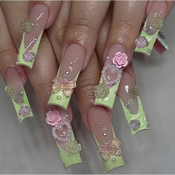 BABALAL Long Press on Nails Square Fake Nails 3D Flower Charm Design Green French Glue ons Nails Bow Heart Jeweled Acrylic Nails 24Pcs Squoval Handmade Manicure Full Cover False Nails
