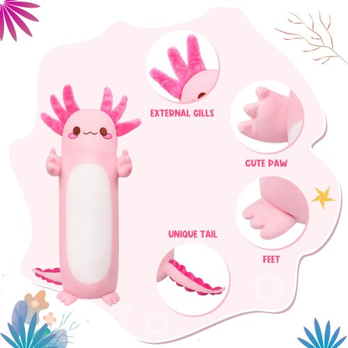 Auspicious beginning 20" Cute Axolotl Stuffed Animal Plush Pillow, Soft Kawaii Cat face Pink Axolotl Body Pillow Long Plush Doll Standing Hugging Pillow Toys for Kids Children Adults Gifts