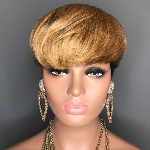 HOTKIS Pixie Cut Wig Human Hair Blonde Short Human Hair Wigs for Black Women Short Wigs Human Hair Natural Straight Short Hair Wigs Pixie Wig with Neat Bang Ombra 1b/27#