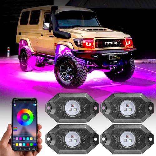 YCHOW-TECH RGB LED Rock Lights Kits - 4 Pods Multicolor Neon Light Waterproof Underglow Light Kit with APP Control Flashing Music Mode DIY Mode High Bright Wheel Well Light for Pickup ATV RZR UTV SUV