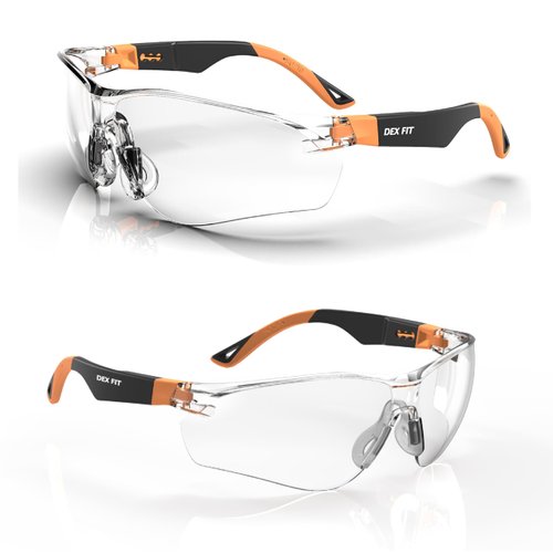 DEX FIT Safety Glasses SG210, Z87 Eye Protection, Anti-Fog & Scratch Resistant, Adjustable for Women and Men, UV Protection (Black & Orange Frame, Clear Lens)