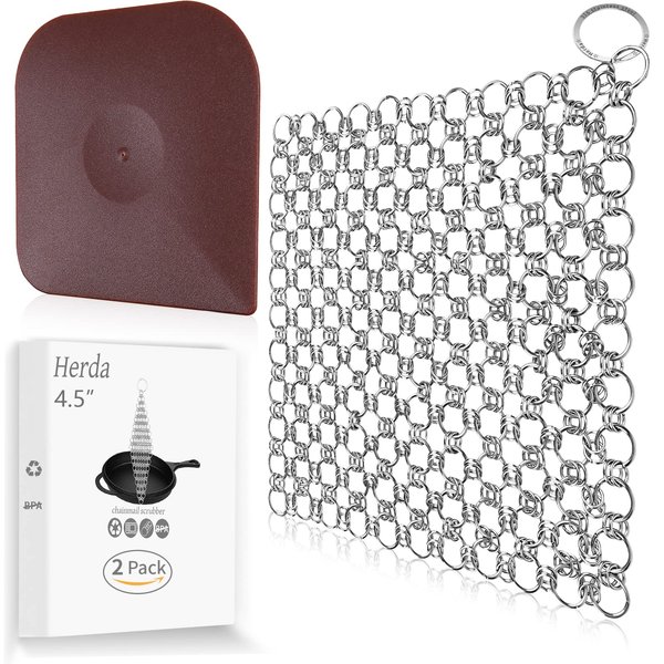 Most Basic 2 Pieces Set | Cast Iron Skillet Cleaner Scrubber Stainless Steel+Plastic Pan Pot Dish Scraper, Cleaning Kit for Carbon Steel Wok Grill Griddle Pan 316 Chainmail Cast Iron Tool, by Herda