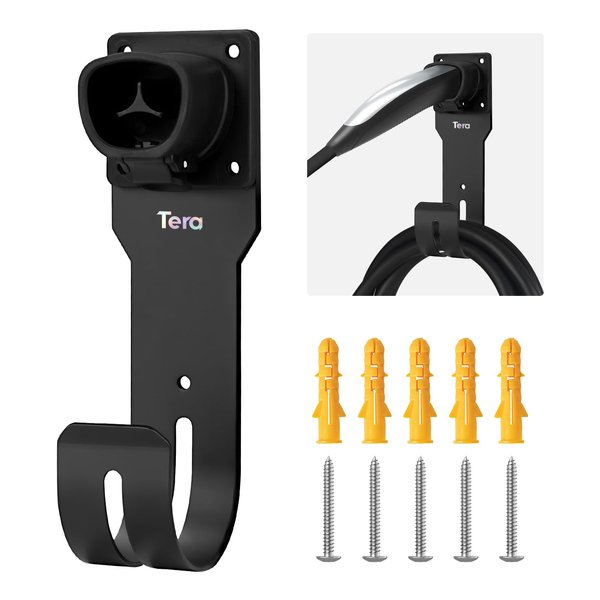 Tera EV Charger Cable Holder for Tesla: Waterproof Material Electric Car Wall Mount Connector Holder with J-Hook Charging Cable Holder Organizer Electric Vehicle Charging Station Accessories