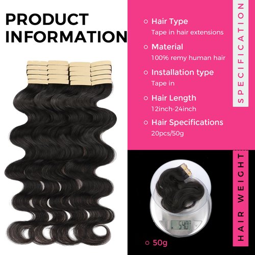Lashey Tape in Hair Extensions Human Hair Body Wave 20 Inch Tape in Hair Extensions 100% Remy Hair Natural Black 50g/pack 20pcs Hair Extensions for Black Women