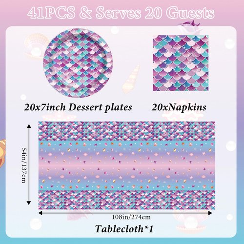 41PCS Mermaid Themed Paper Plates and Napkins Party Decorations Tableware Set Includes 20 Party Plates 20 Napkins and 1 Tablecloth for Girls Kids Mermaid Birthday Party Decor Supplies