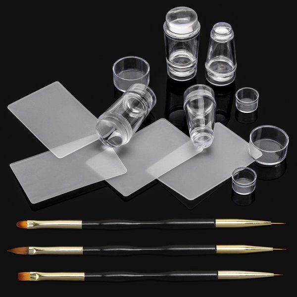 Nail Art Stamper Kit - 4Pcs Double Sided French Tip Nail Stamps with 4Pcs Nail Scrapers, 3Pcs Double-ended Nail Art Liner Brushes