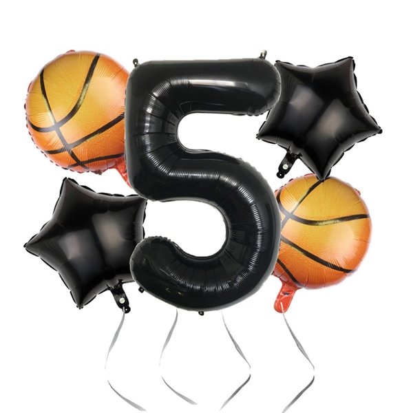 Basketball Themed 5th Birthday Party Balloons，40inch Black Number Balloon 5，Basketball Balloons 5th Birthday，5th Birthday Basketball Theme Party Supplies (5Pcs Black Basketball 5)