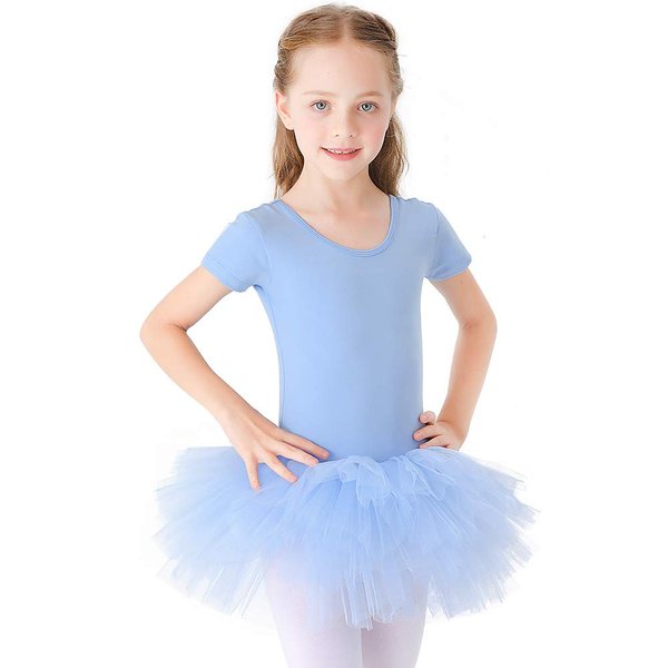 Bezioner Girls Cotton Ballet Dance Dress Cute Tutu Skirted Leotard Short Sleeve Blue Size 2-3T