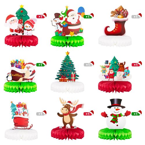 Christmas Party Decorations, 9 Pcs Christmas Honeycomb Centerpieces for Tables, 3D Holiday Centerpieces for Table with Snowman Santa Claus for Merry Christmas Party Xmas Holiday Supplies