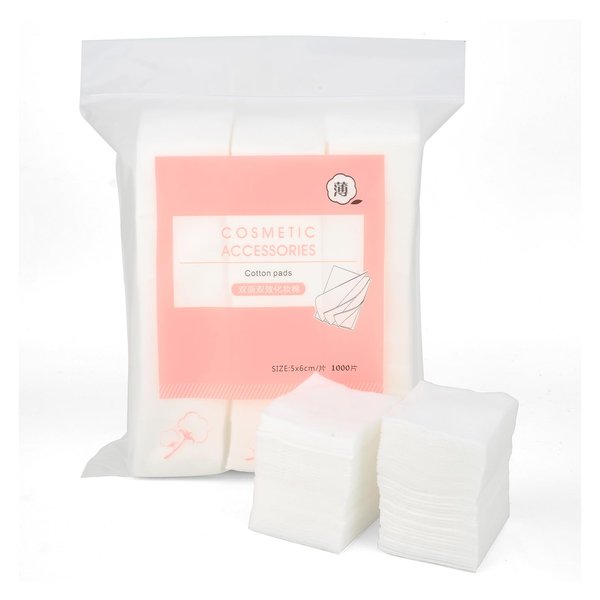 1000PCS Ultra Thin Makeup Remover Cotton Pads Perfect for Face Lips Eyes Nails Polish Makeup Remover Cleansing and Daily Skin Care, Square, Lint
