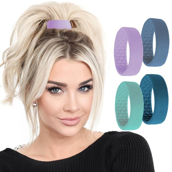 PONY-O 4 Pack Original Hair Tie Alternative - Revolutionary Ponytail Holder Hair Accessories for Women - Medium Size PONY-O for Normal Hair - Sapphire, Teal, Denim and Lilac