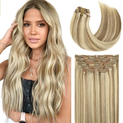 Lacer Hair Hair Extensions Clip In Human Hair Thick Straight Hair Light Brown Highlights Platinum Blonde Color Clip On Real Hair Extensions Remy Hair 120 Gram 7pcs 16 Inch