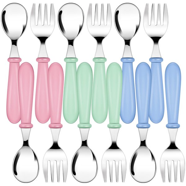 12 Pieces Kids Fork and Spoon Silverware Set Stainless Steel Utensils Flatware Round Handle Utensils Kids Silverware Cutlery Set for Home, Restaurant and Kitchen