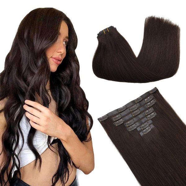 GOO GOO Clip in Hair Extensions Real Human Hair, 22inch 150g 7Pcs, 2A Light Brown, Remy Human Hair Extensions Clip ins for Women, Natural Human Hair