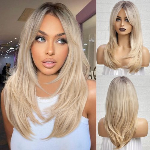 HAIRCUBE Ombre Blonde Wigs with Bangs,Shoulder Length Ash Blonde Wig for Women, Layered Wigs Dark Roots Synthetic Wigs for Daily Party 24IN