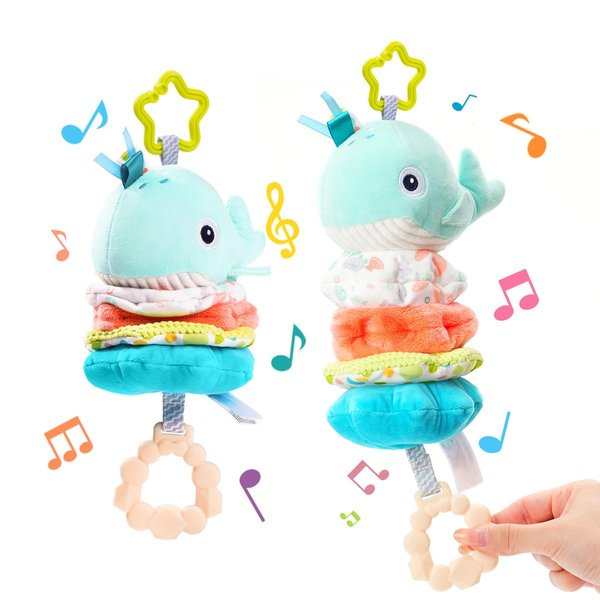 Jollybaby Baby Musical Pull String Hanging Toy for Stroller Car Seat Crib Play Gym, Plush Stuffed Whale Toy for Carseat with Music Teether Crinkle Paper, Sensory Toy for 0-6-12-18 Months Baby Gift