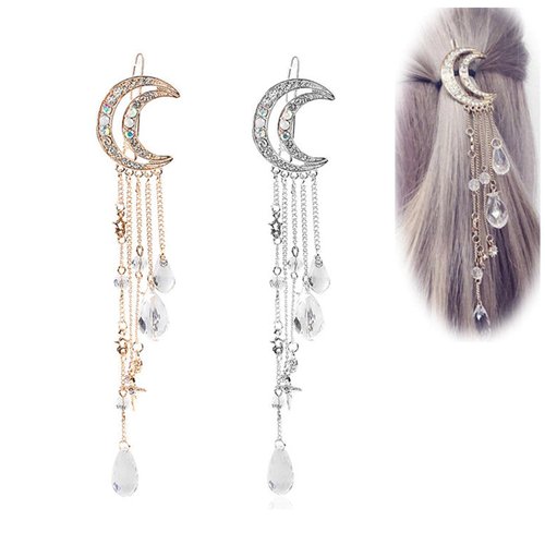 Andelaisi Boho Moon Hair Clip Barrette Tassel Pendant Hair Barrette Alloy Hair Accessories for Women and Girls Gifts (Silver)